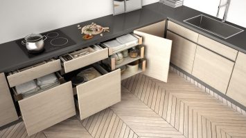 Modern Kitchen Top View, Opened Wooden Drawers With Accessories